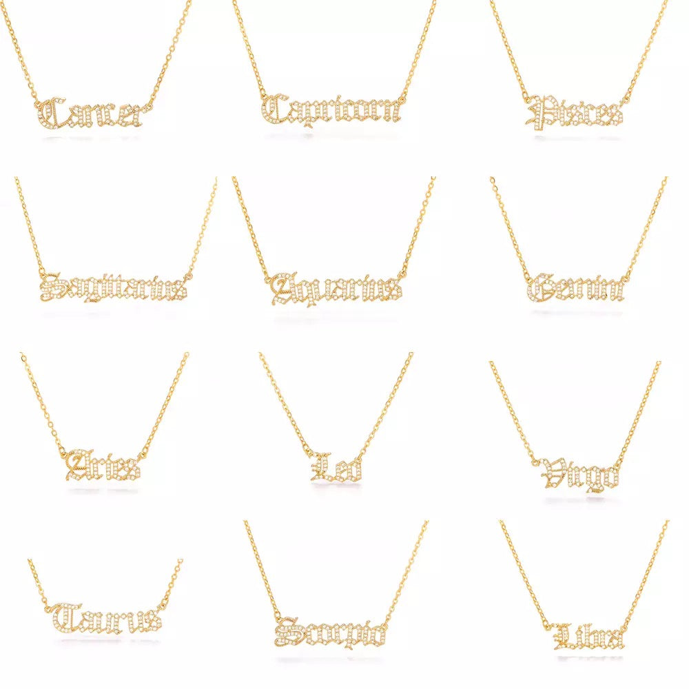 Crystal Zodiac Old English Necklace